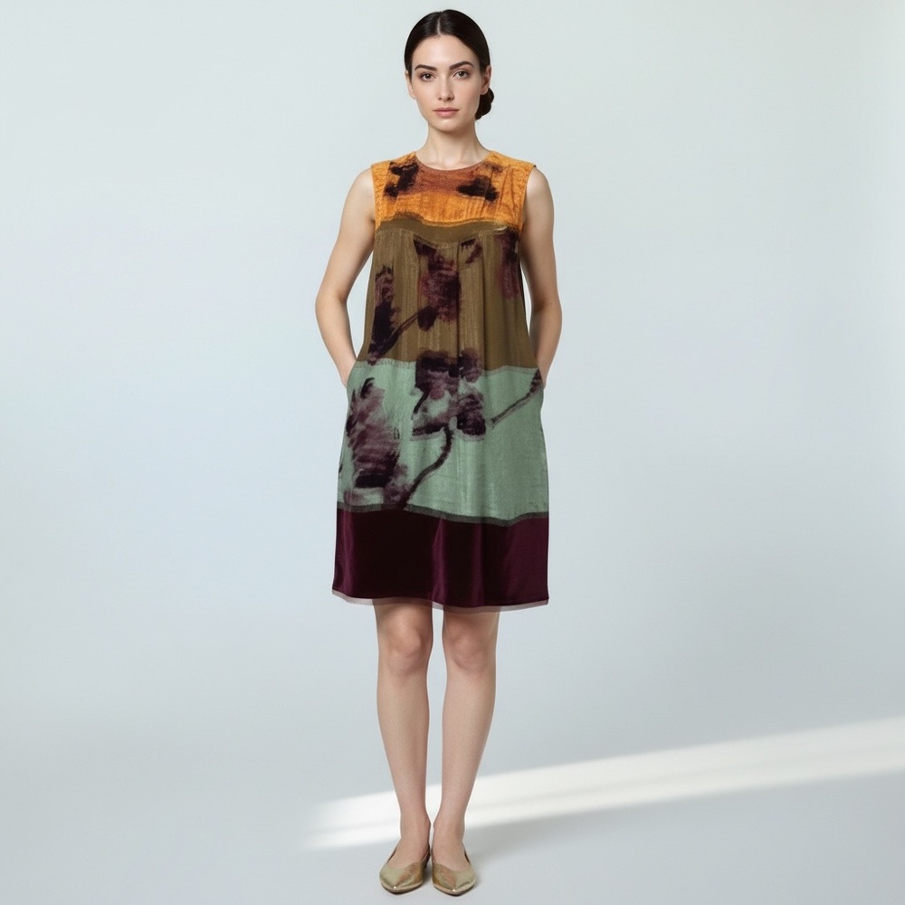 Etro Orange and Purple abstract Sleeveless velvet Mini Dress - Picture 3 of 12